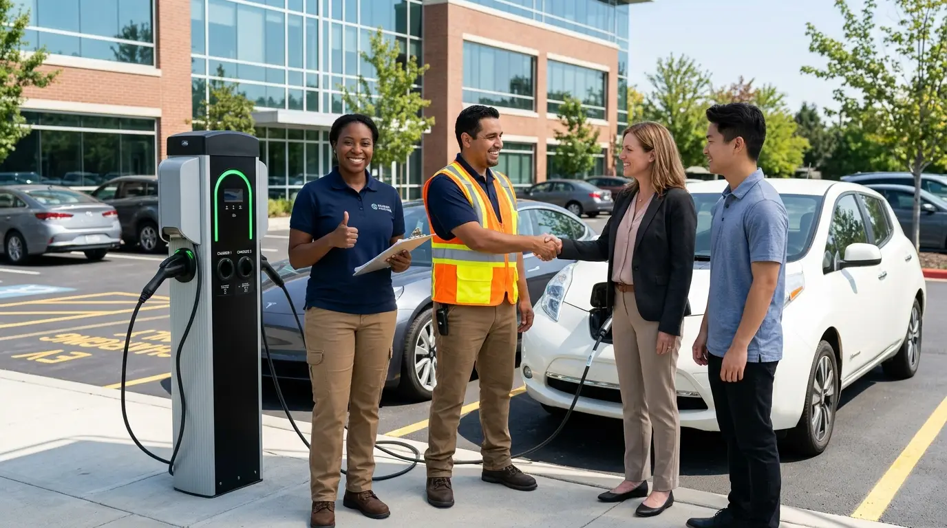 Commercial EV charger installation in a parking lot with dual pedestal chargers