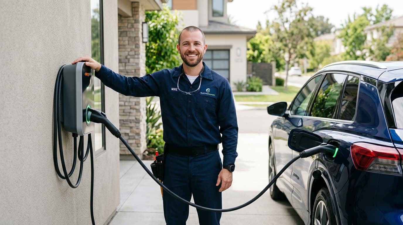 Smiling EV charger specialist standing beside a charging station