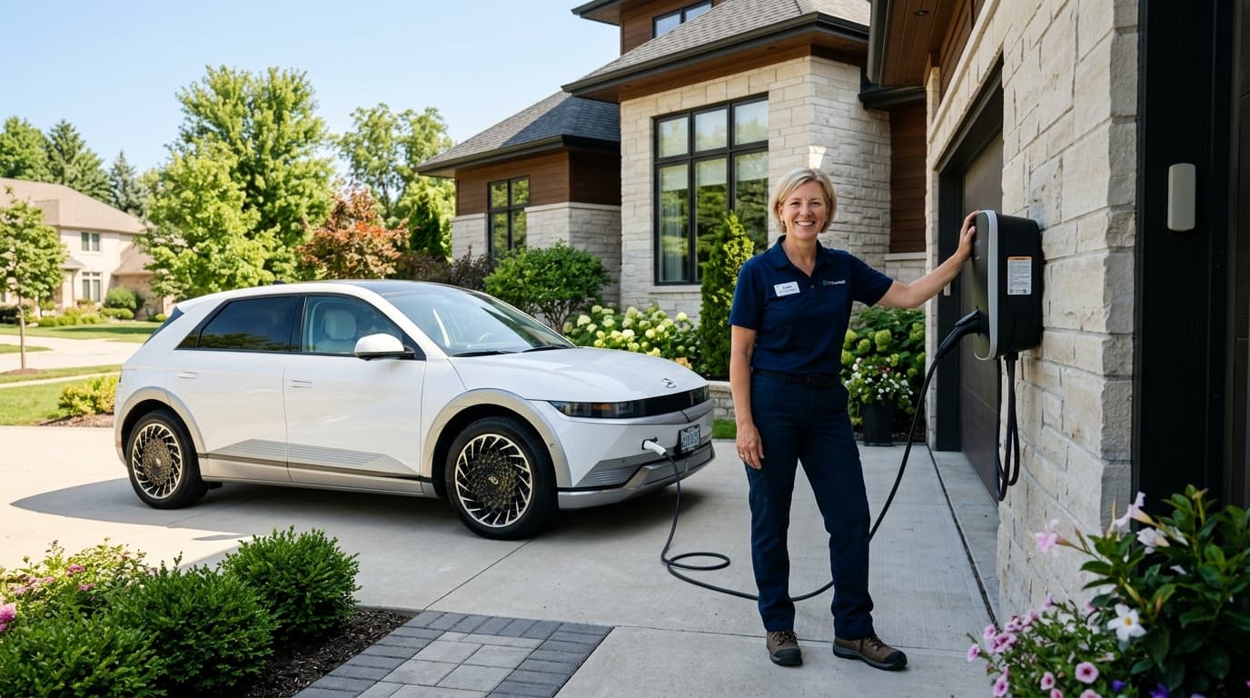 Smiling EV charger specialist standing beside a charging station