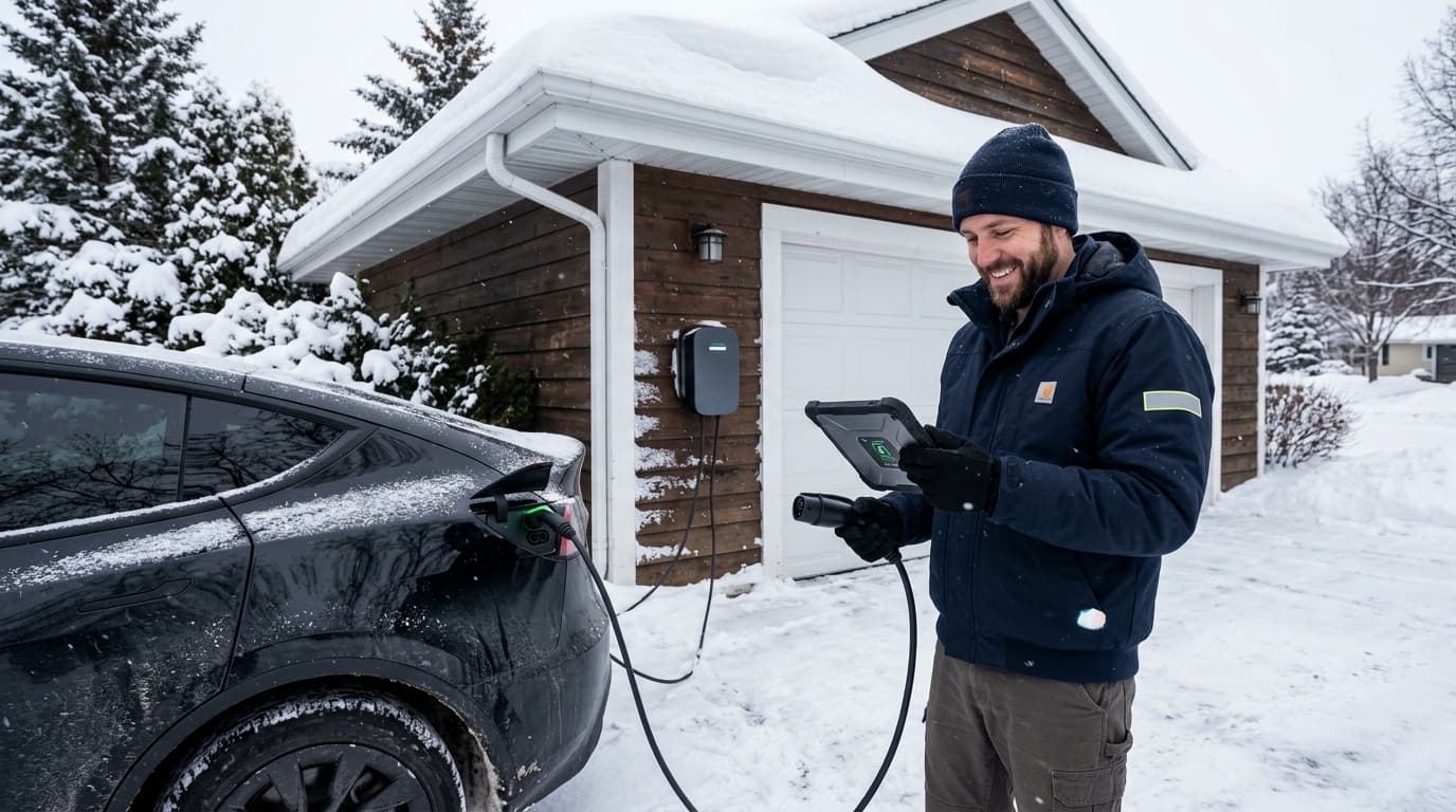 Smiling EV charger specialist standing beside a charging station