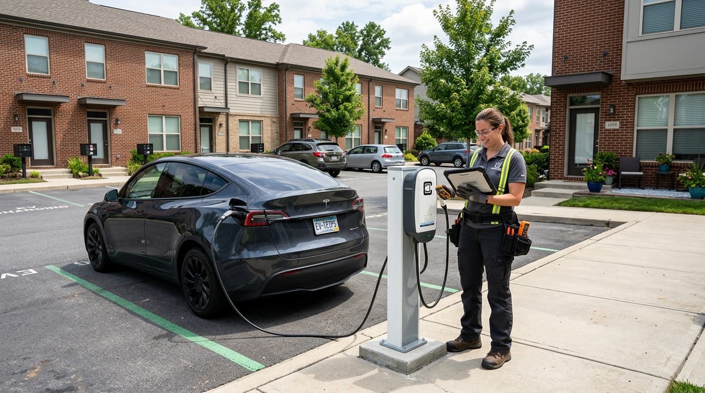 Smiling EV charger specialist standing beside a charging station