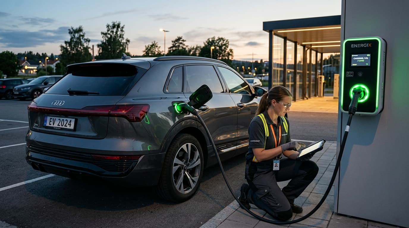 Smiling EV charger specialist standing beside a charging station
