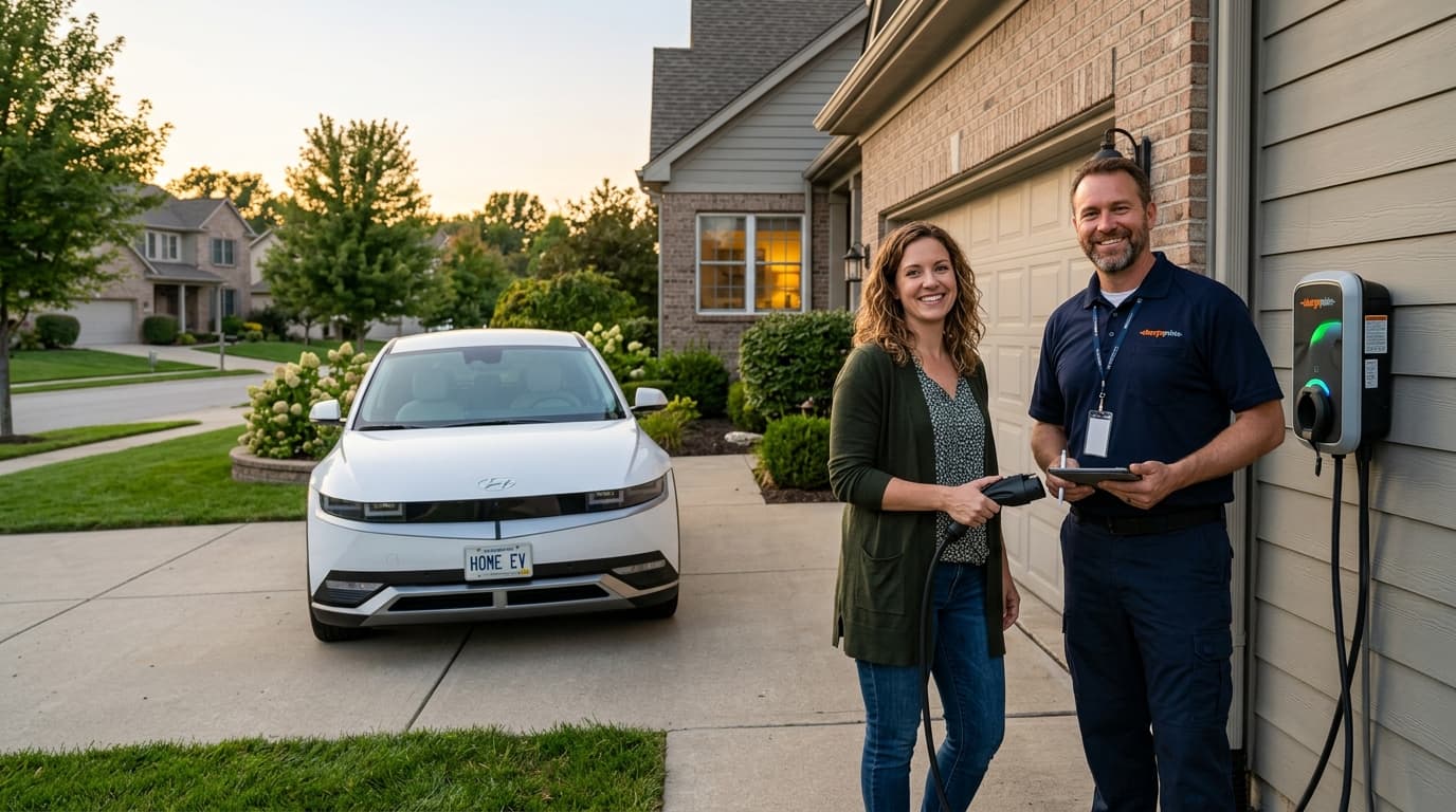 Smiling EV charger specialist standing beside a charging station