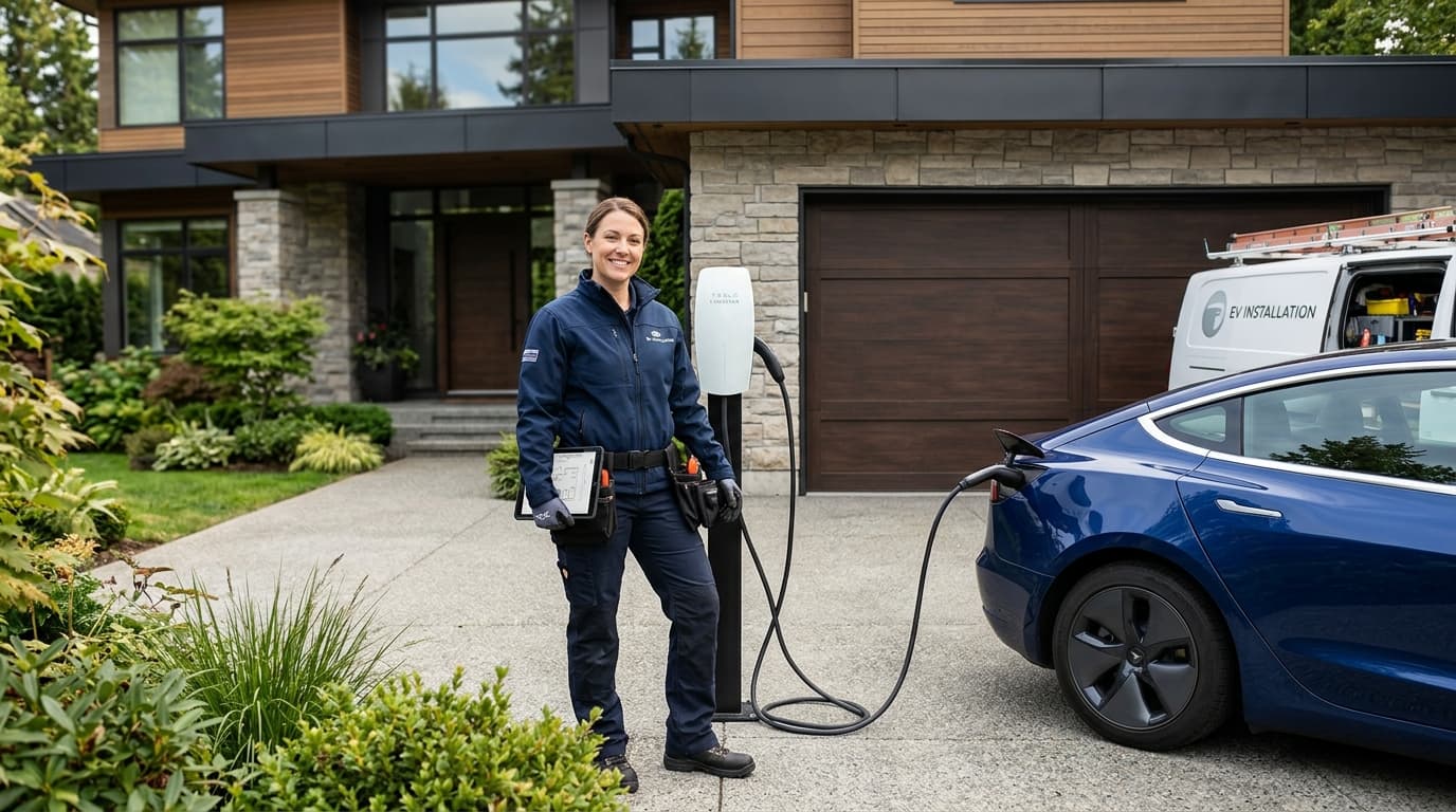 Smiling EV charger specialist standing beside a charging station