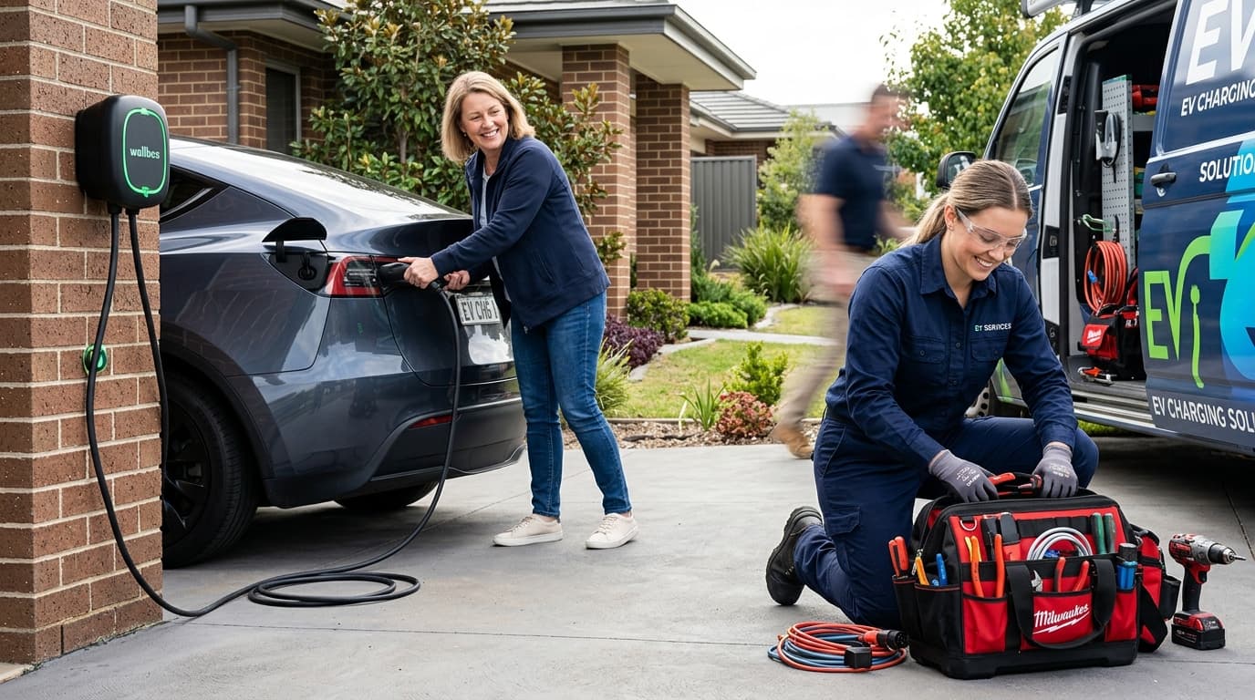 Smiling EV charger specialist standing beside a charging station