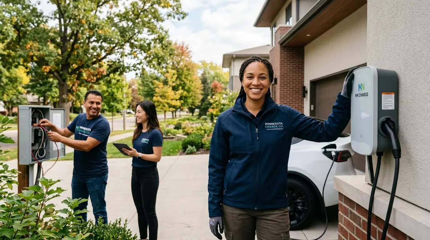 Electrician and homeowner smiling together next to a newly installed EV charger in a residential garage