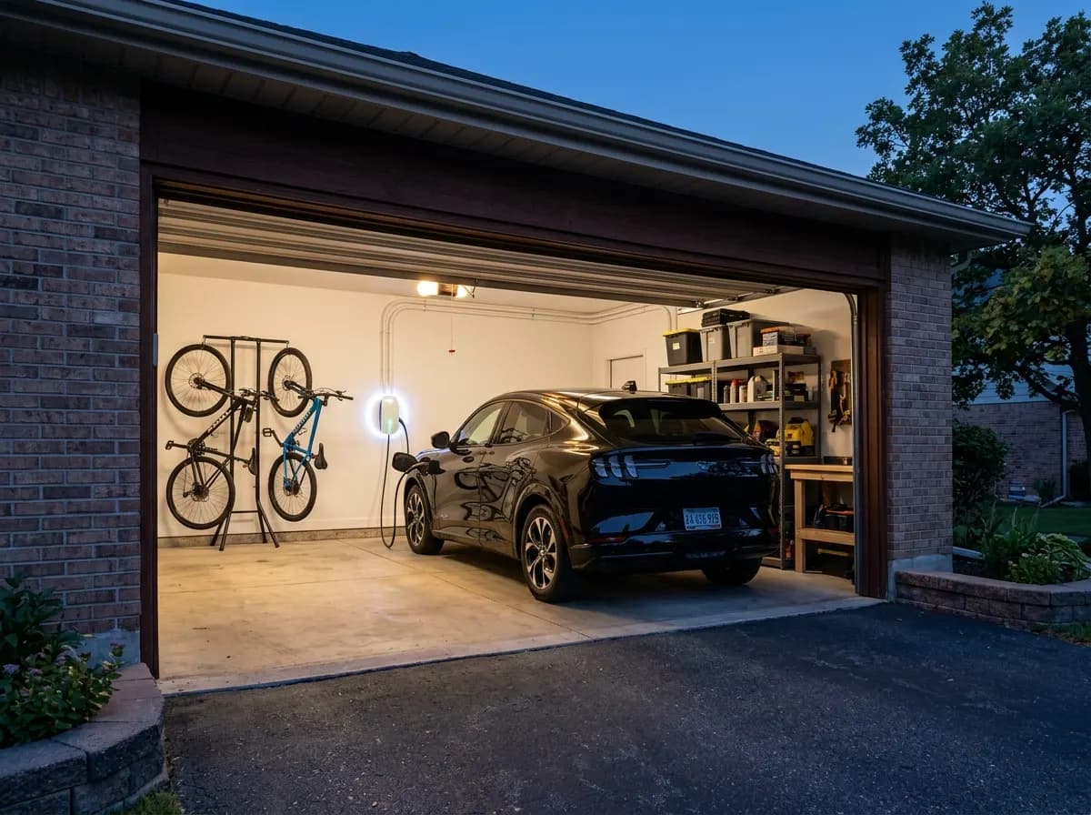 Ford Mustang Mach-E charging from a Tesla Wall Connector in a home garage