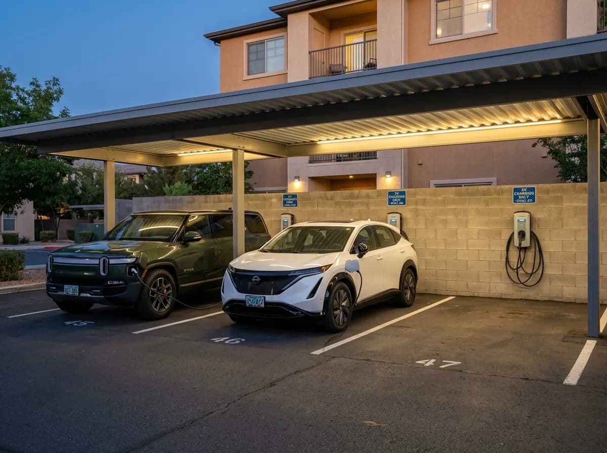 Rivian R1S and Nissan Ariya at multifamily carport chargers