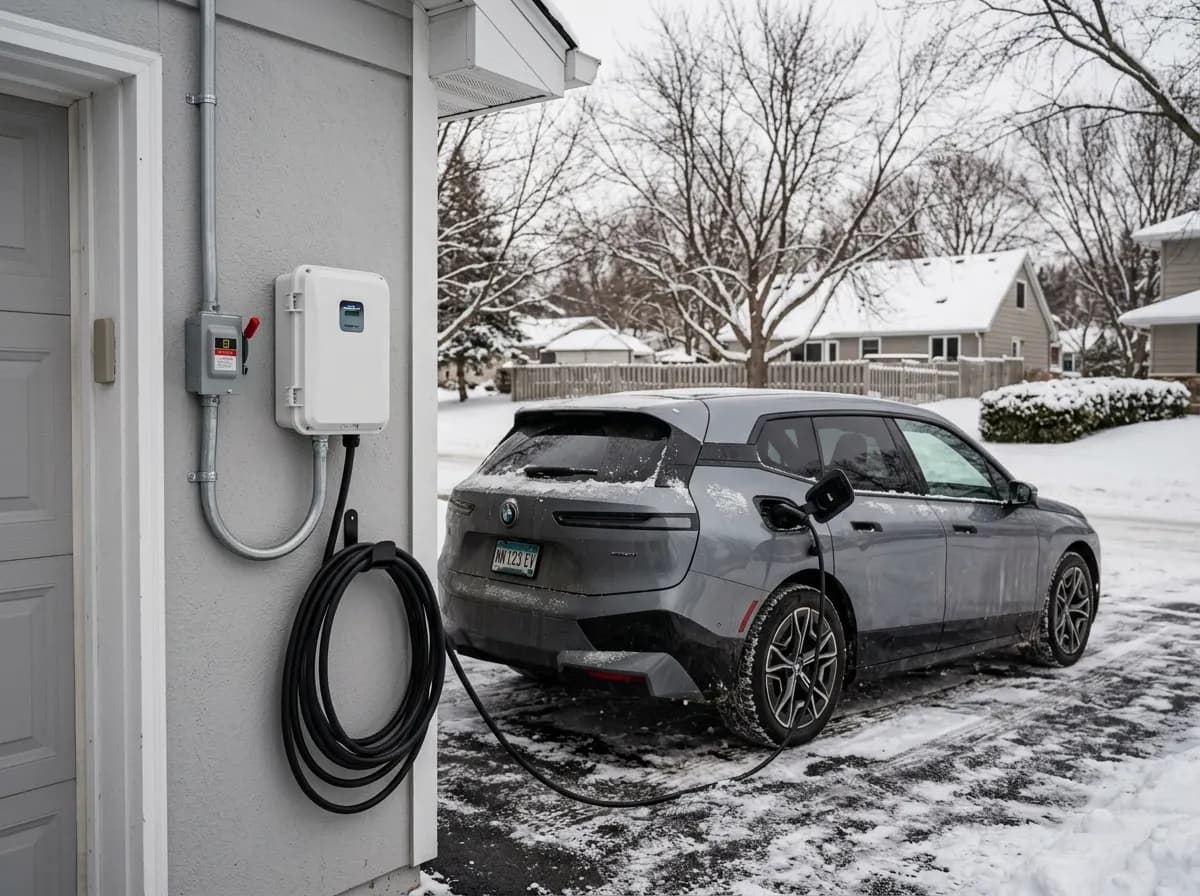 BMW iX charging outdoors in a Twin Cities winter driveway installation