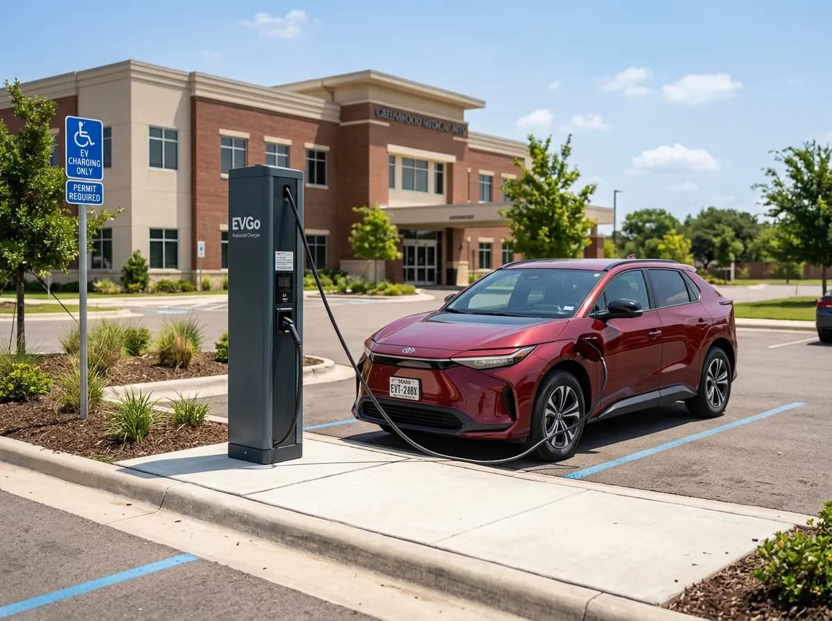 Toyota bZ4X at a healthcare facility pedestal charger