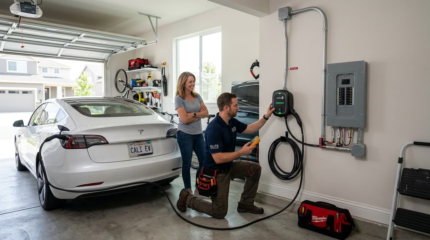 Smiling EV charger specialist standing beside a charging station