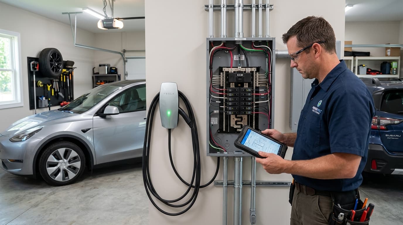 Smiling EV charger specialist standing beside a charging station