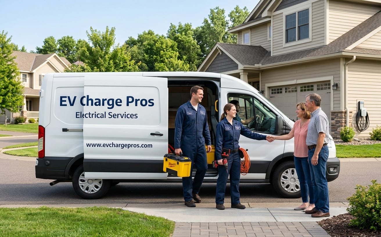 Twin Cities EV Services team arriving at a residential installation — two technicians in navy jumpsuits stepping out of a branded white van