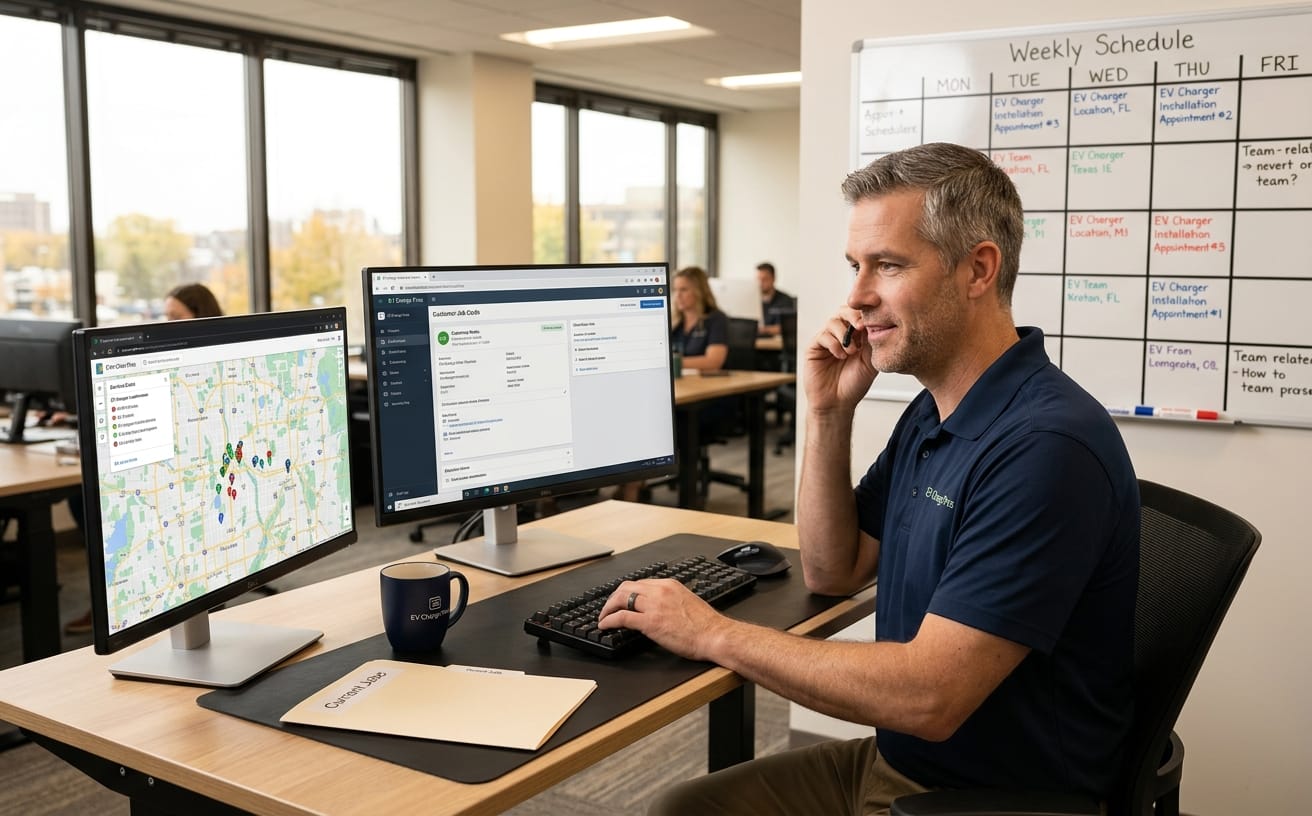 Twin Cities EV Services manager at his desk handling customer calls and monitoring active installation jobs