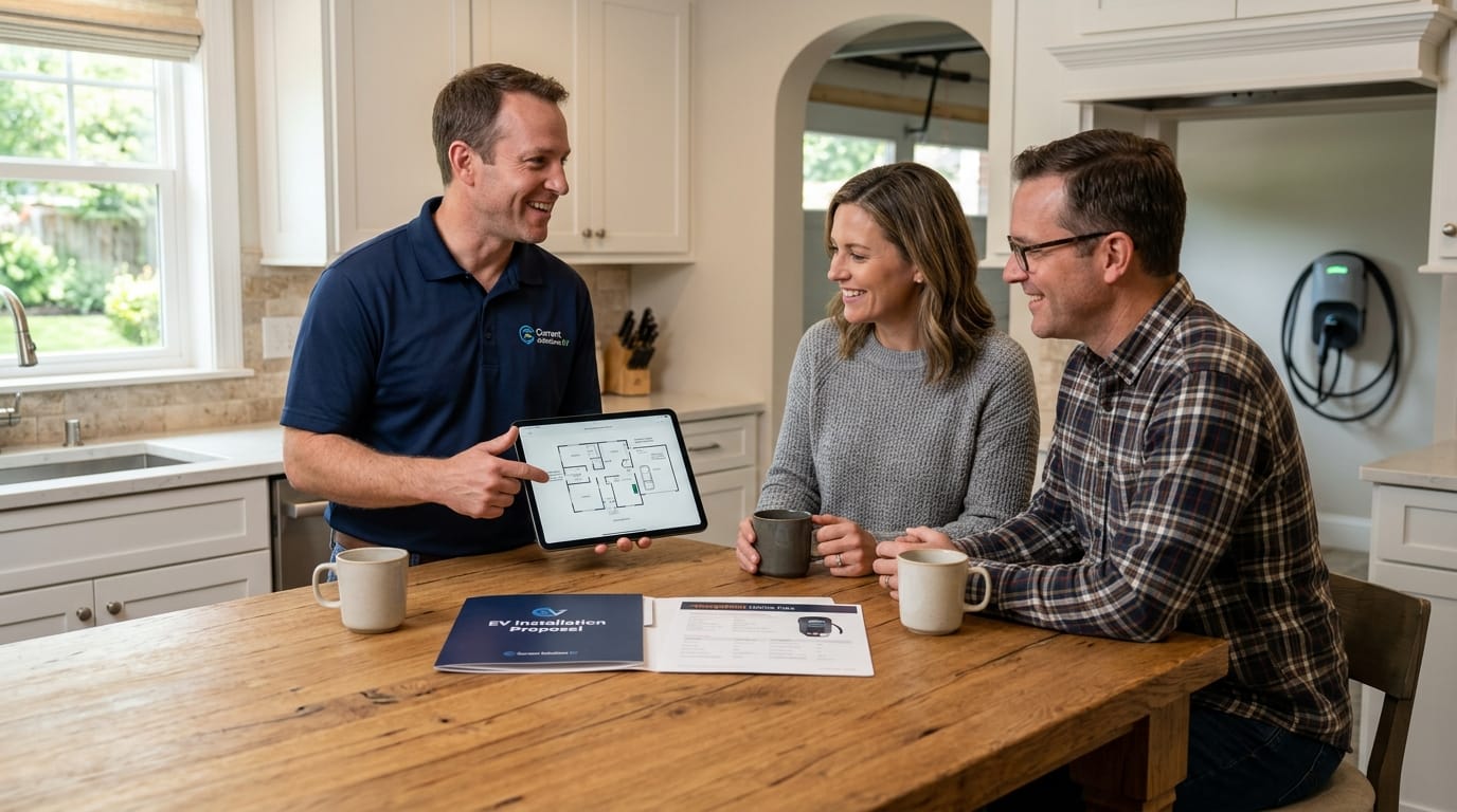 Technician running conduit along a garage wall for a dedicated EV charger circuit, Minneapolis MN