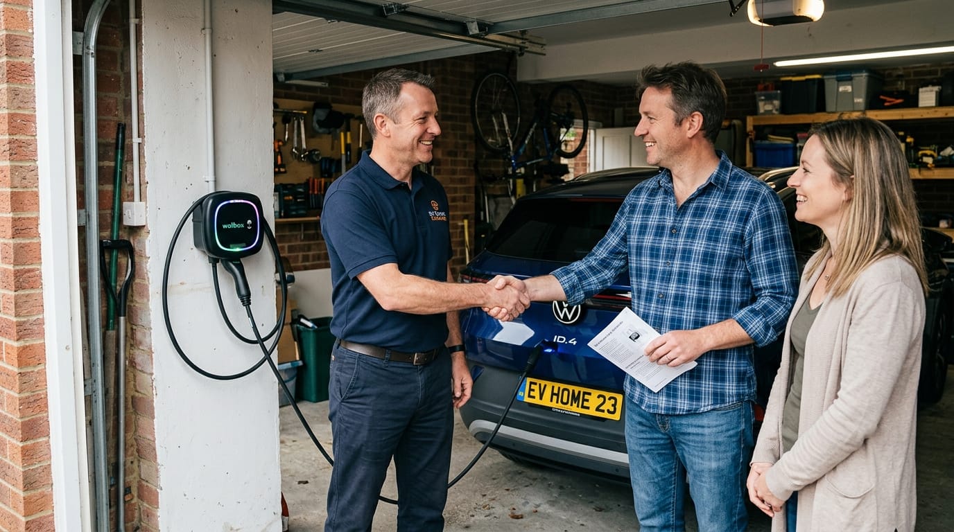 ChargePoint Home Flex charger installed on a finished garage wall, Ford F-150 Lightning plugged in