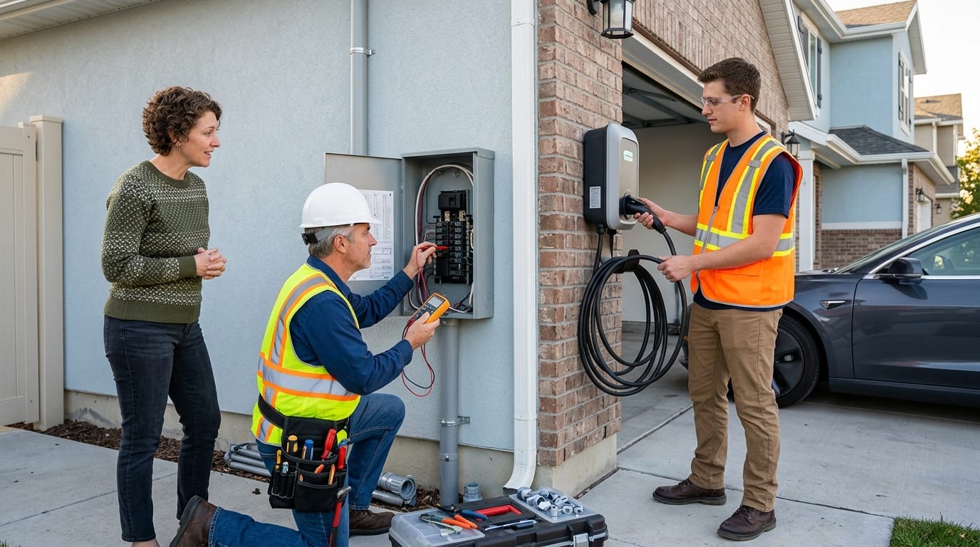 Electrician pulling permit paperwork with a homeowner outside a Twin Cities home