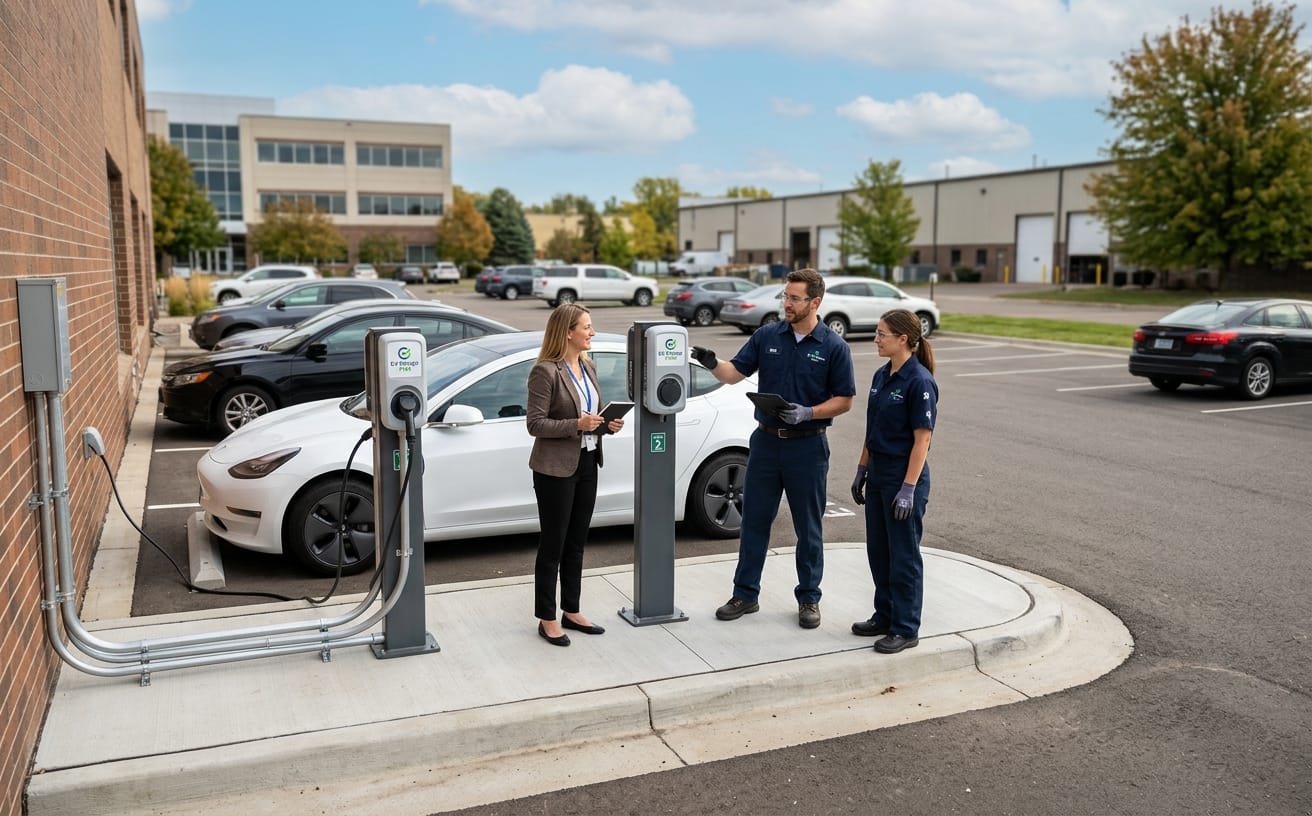 Twin Cities EV Services team and property manager reviewing completed commercial EV charging stations in the Twin Cities