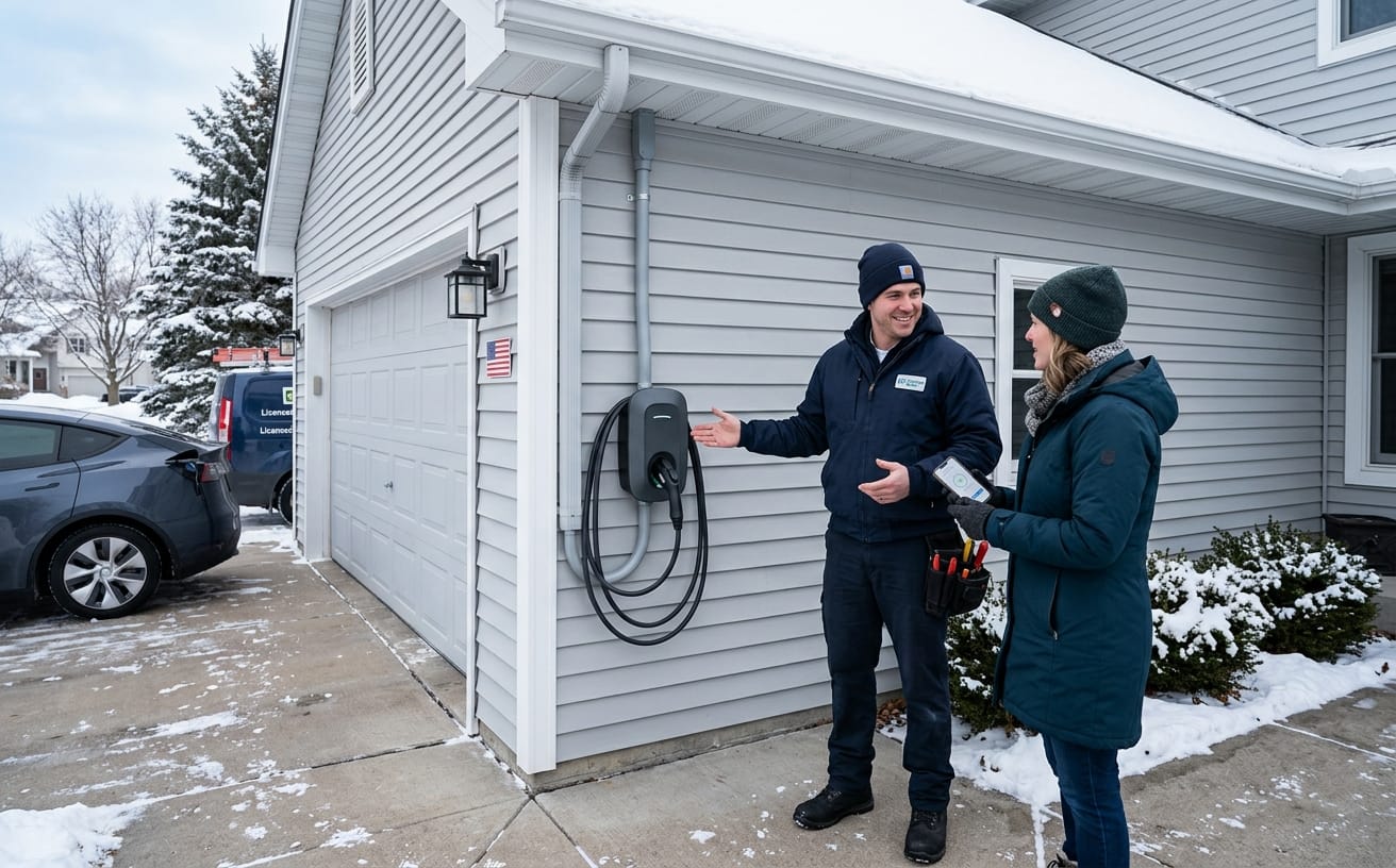 Twin Cities EV Services technician reviewing a home charger installation with a homeowner in the Twin Cities